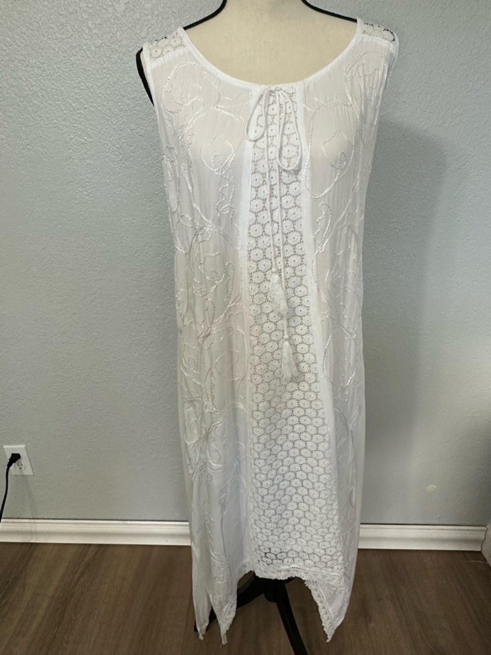White Maxi Dress Embroidered Bohemian Resort Coastal Beachy Cover Up Embroidered